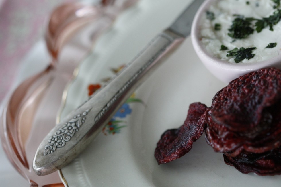 Beet Chips with Herb Goat Cheese